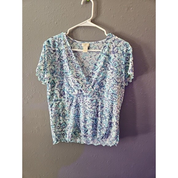 J.Jill Ruffled V-Neck Blouse Blue Women's Size M Watercolor Abstract Print (A241 - Picture 1 of 8